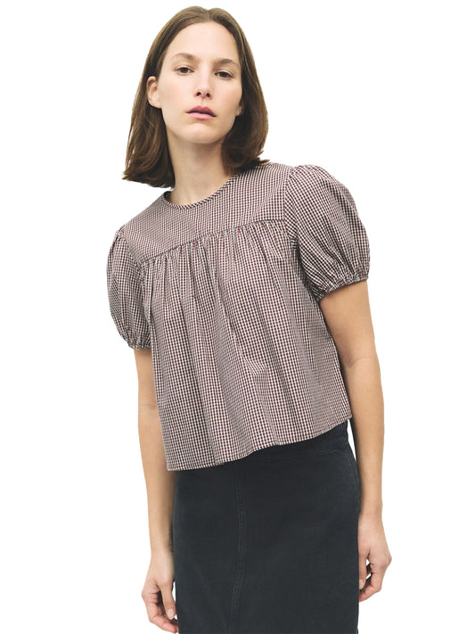 The Carroll Puff-Sleeve Top - Brown Gingham