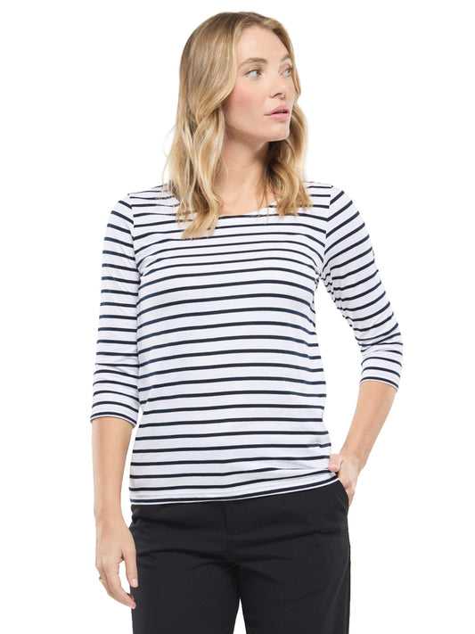 3/4 Sleeve Striped Breton Shirt - White & Rich Navy