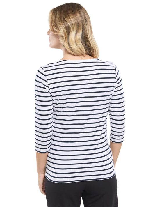 3/4 Sleeve Striped Breton Shirt - White & Rich Navy