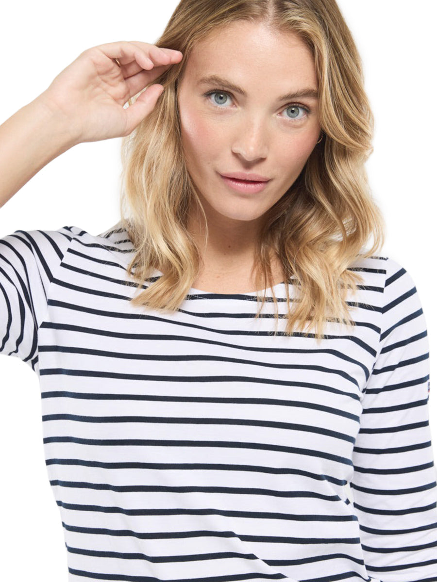 3/4 Sleeve Striped Breton Shirt - White & Rich Navy