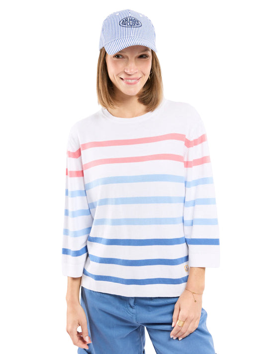 3/4 Sleeve Cotton Sweater - White, Federal Blue, & Placid Blue