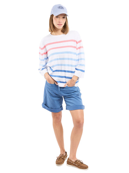 3/4 Sleeve Cotton Sweater - White, Federal Blue, & Placid Blue