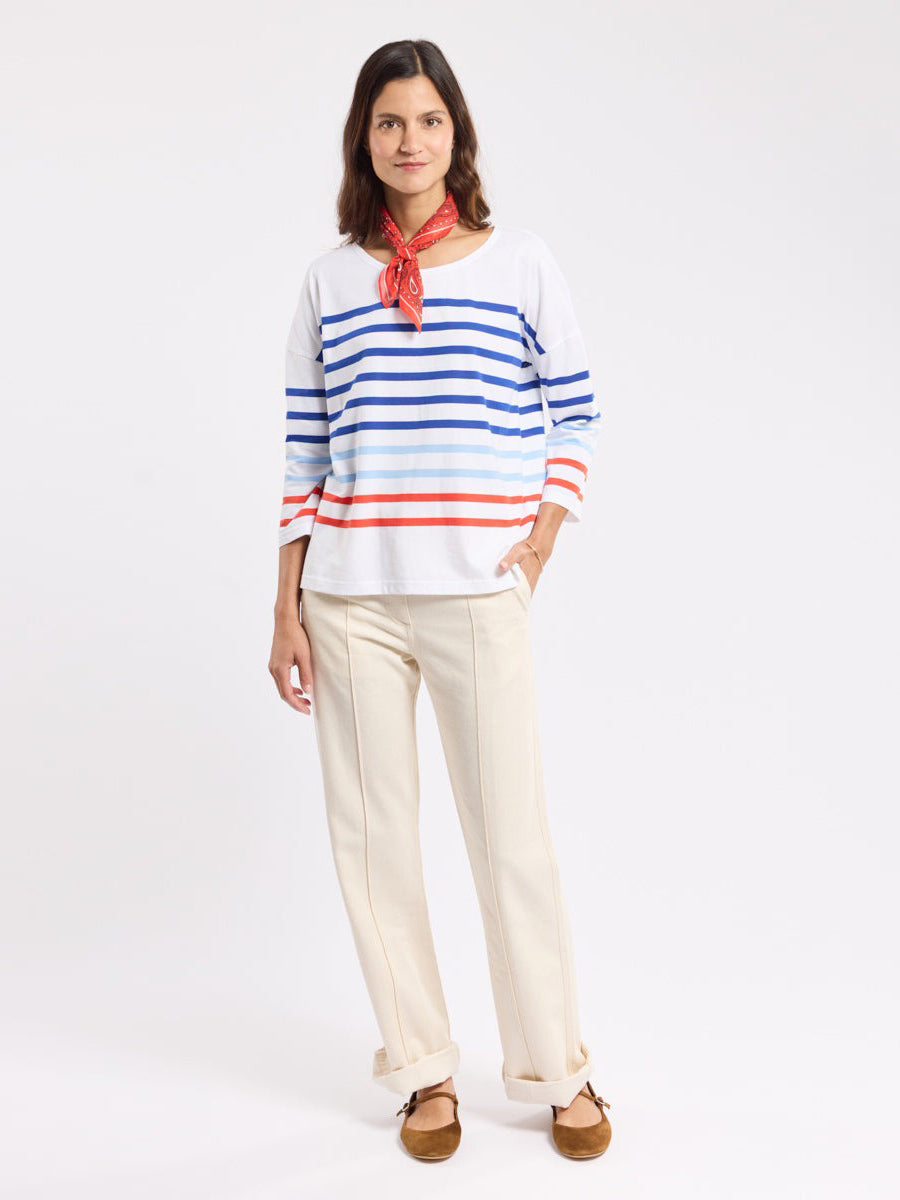 Dropped-Shoulder Striped Breton Shirt - White, Mazarine, Placid Blue, Red