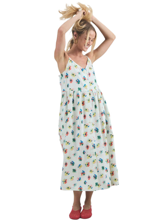 Mini Flowers Strappy Loose Dress - Ecru