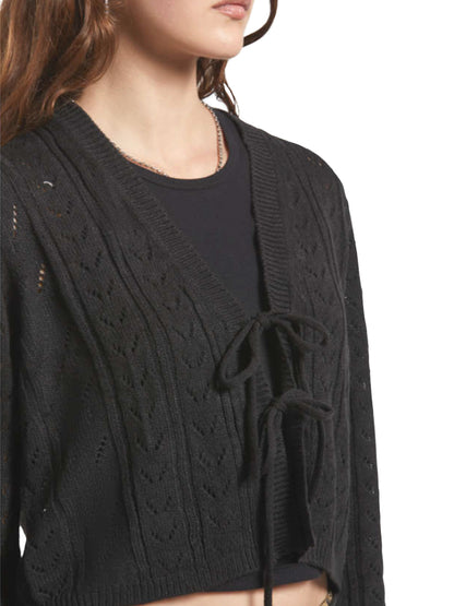 Cropped Pointelle Tie Cardigan - Black
