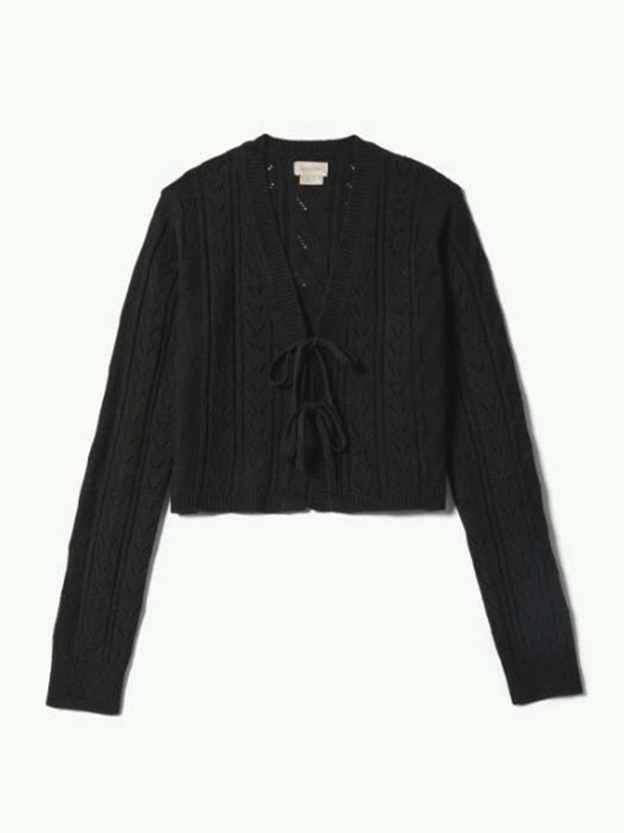 Cropped Pointelle Tie Cardigan - Black