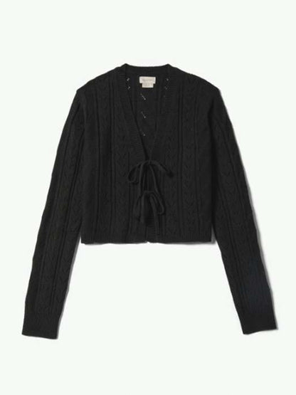 Cropped Pointelle Tie Cardigan - Black