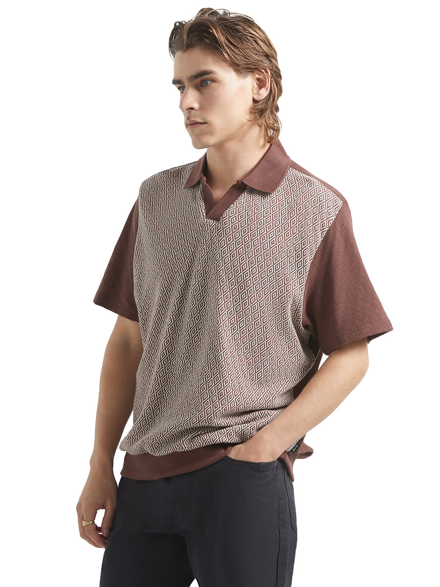 Theo Jacquard Short Sleeve Polo - Chocolate & Off White