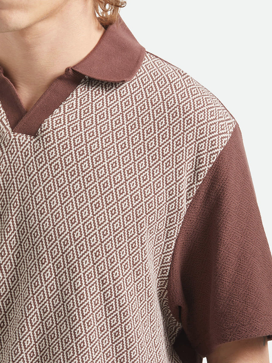 Theo Jacquard Short Sleeve Polo - Chocolate & Off White