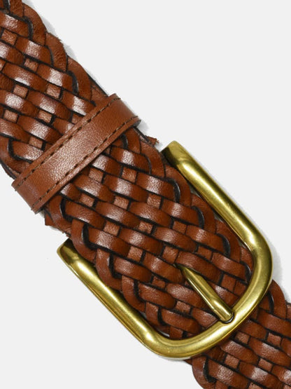 Woven Leather Belt - Brown & Brass