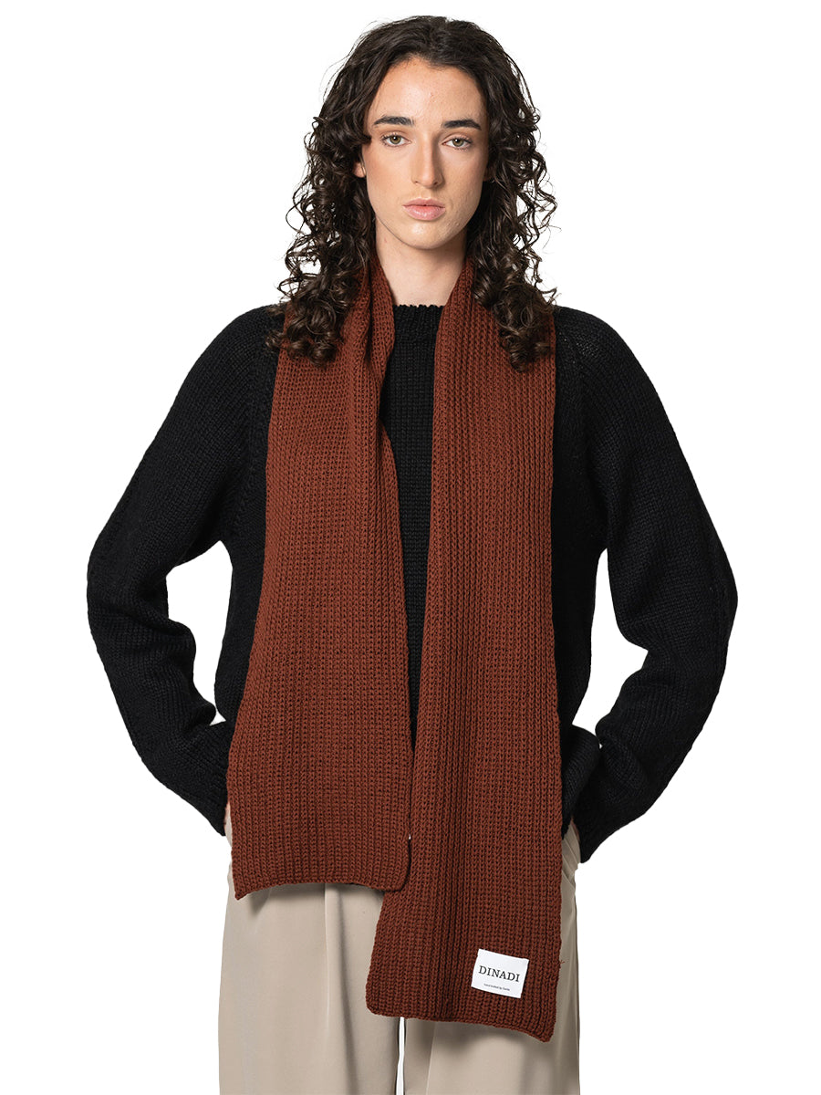 Merino Handknit Rib Scarf - Rust Red