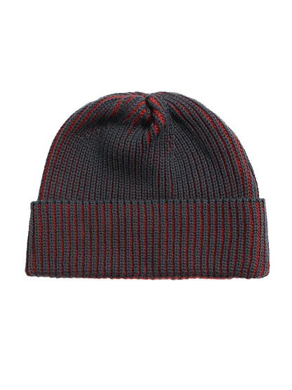 Ribbed Knit Beanie - Grey & Red