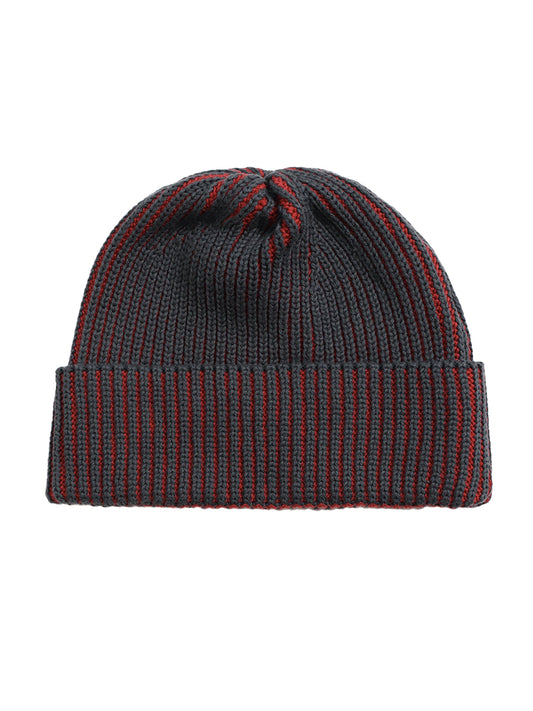 Ribbed Knit Beanie - Grey & Red