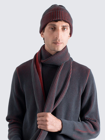Ribbed Knit Beanie - Grey & Red