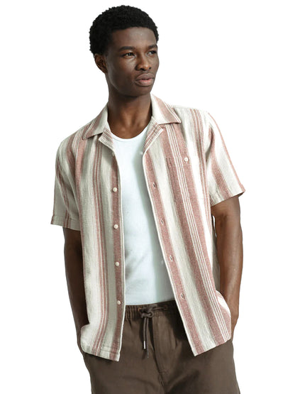 Selleck Short Sleeve Shirt - Sand & Red Dobby Stripe