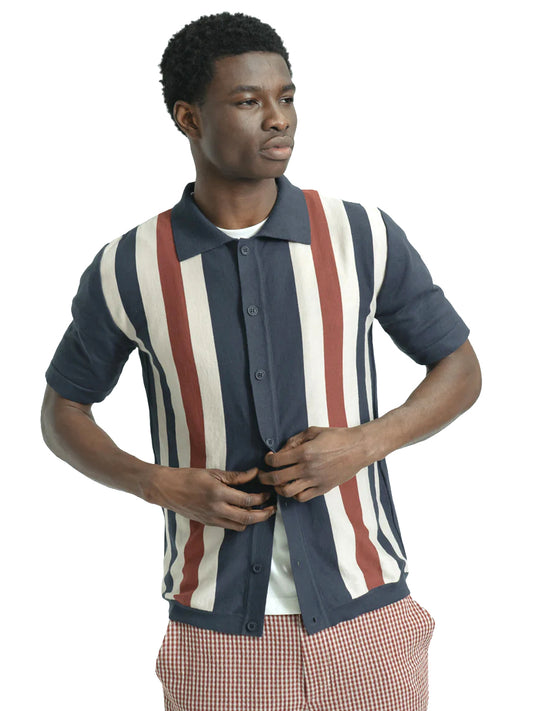 Velzy Short Sleeve Cardigan - Navy Simple Stripe