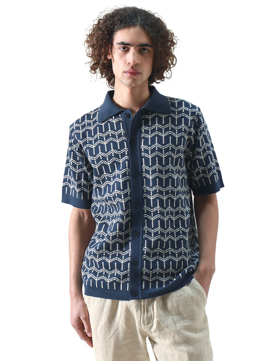 Zigged Short Sleeved Cardigan - Palm Navy Iris