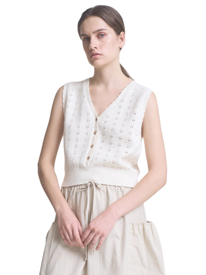 Floral Knit Button-Up Vest Top - Off White