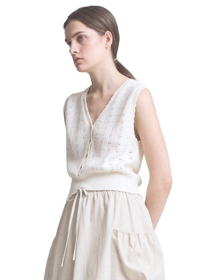 Floral Knit Button-Up Vest Top - Off White