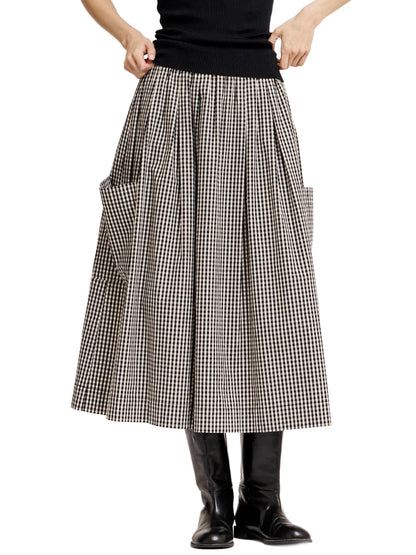 Pleated Waist Gingham Skirt - Black
