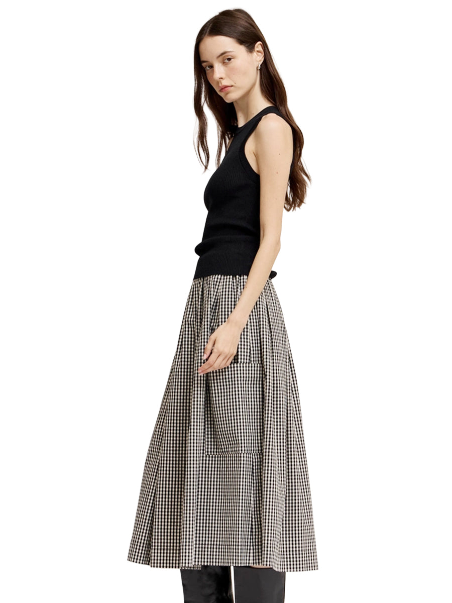 Pleated Waist Gingham Skirt - Black