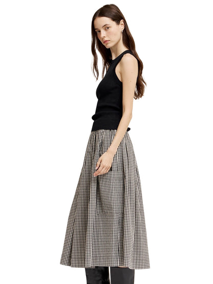 Pleated Waist Gingham Skirt - Black