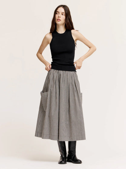 Pleated Waist Gingham Skirt - Black