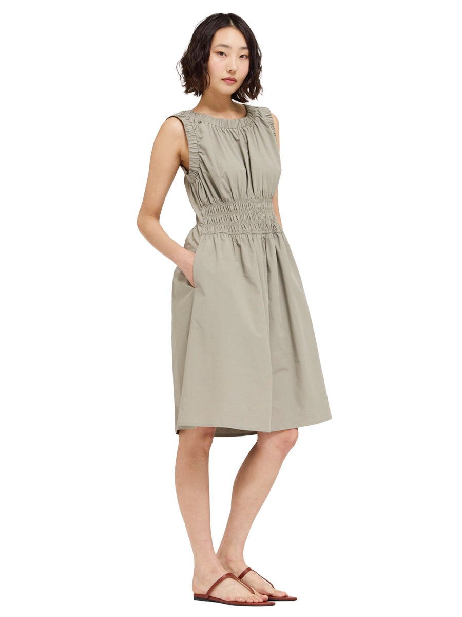 Shirred Cotton Sleeveless Dress - Dry Herb