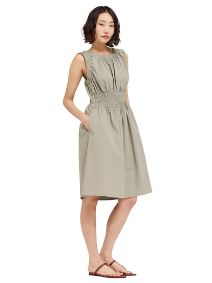 Shirred Cotton Sleeveless Dress - Dry Herb