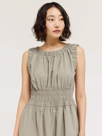 Shirred Cotton Sleeveless Dress - Dry Herb