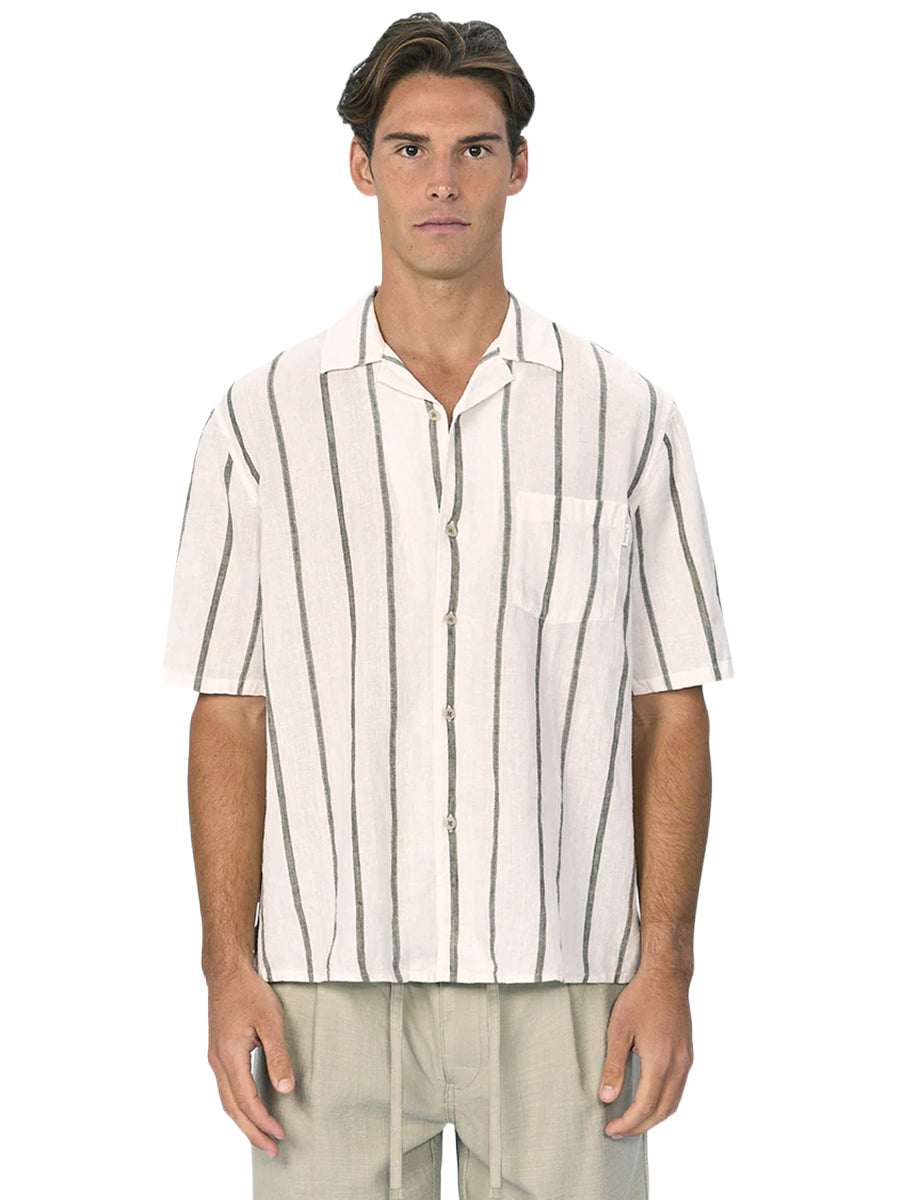 The Mulholland Linen-Blend Short Sleeve Shirt - Off White & Olive