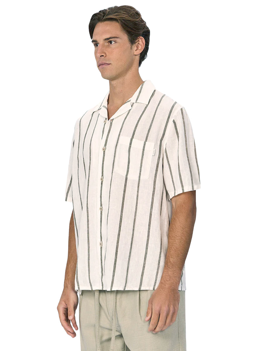The Mulholland Linen-Blend Short Sleeve Shirt - Off White & Olive