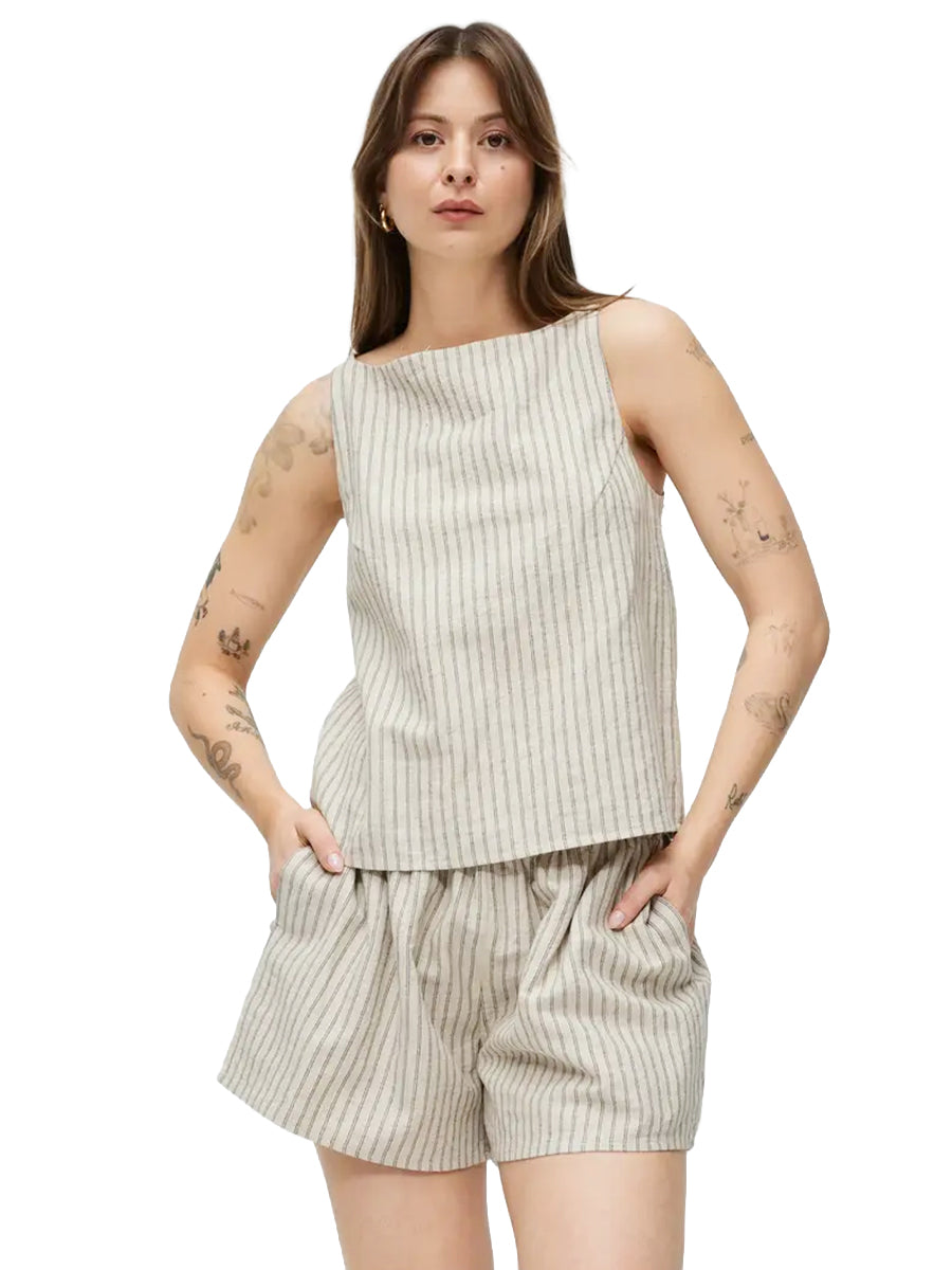 The Macey Striped Linen Top - Oatmeal & Navy