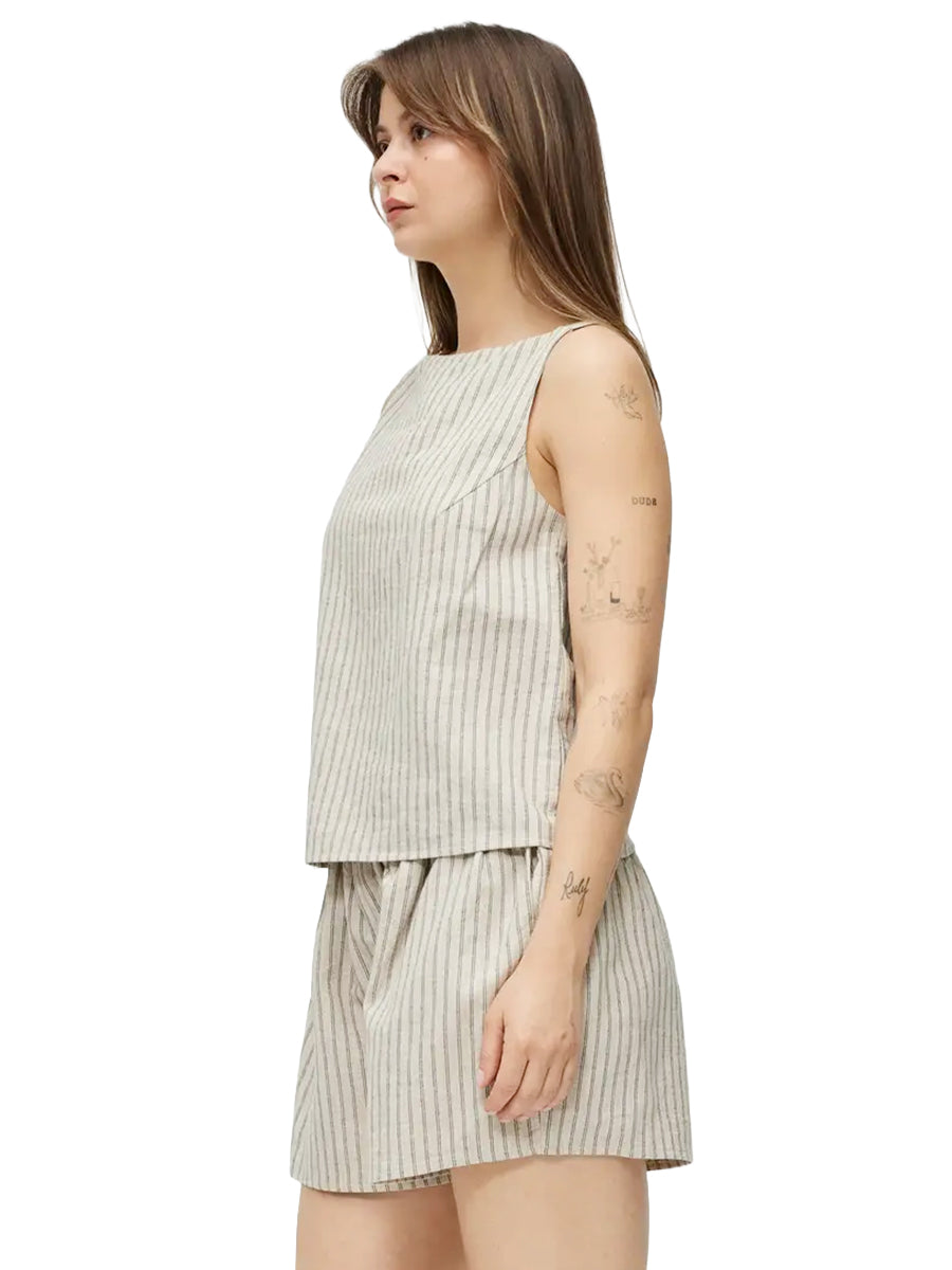 The Macey Striped Linen Top - Oatmeal & Navy