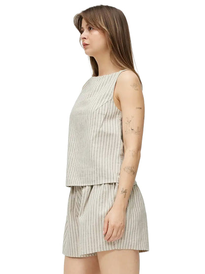 The Macey Striped Linen Top - Oatmeal & Navy