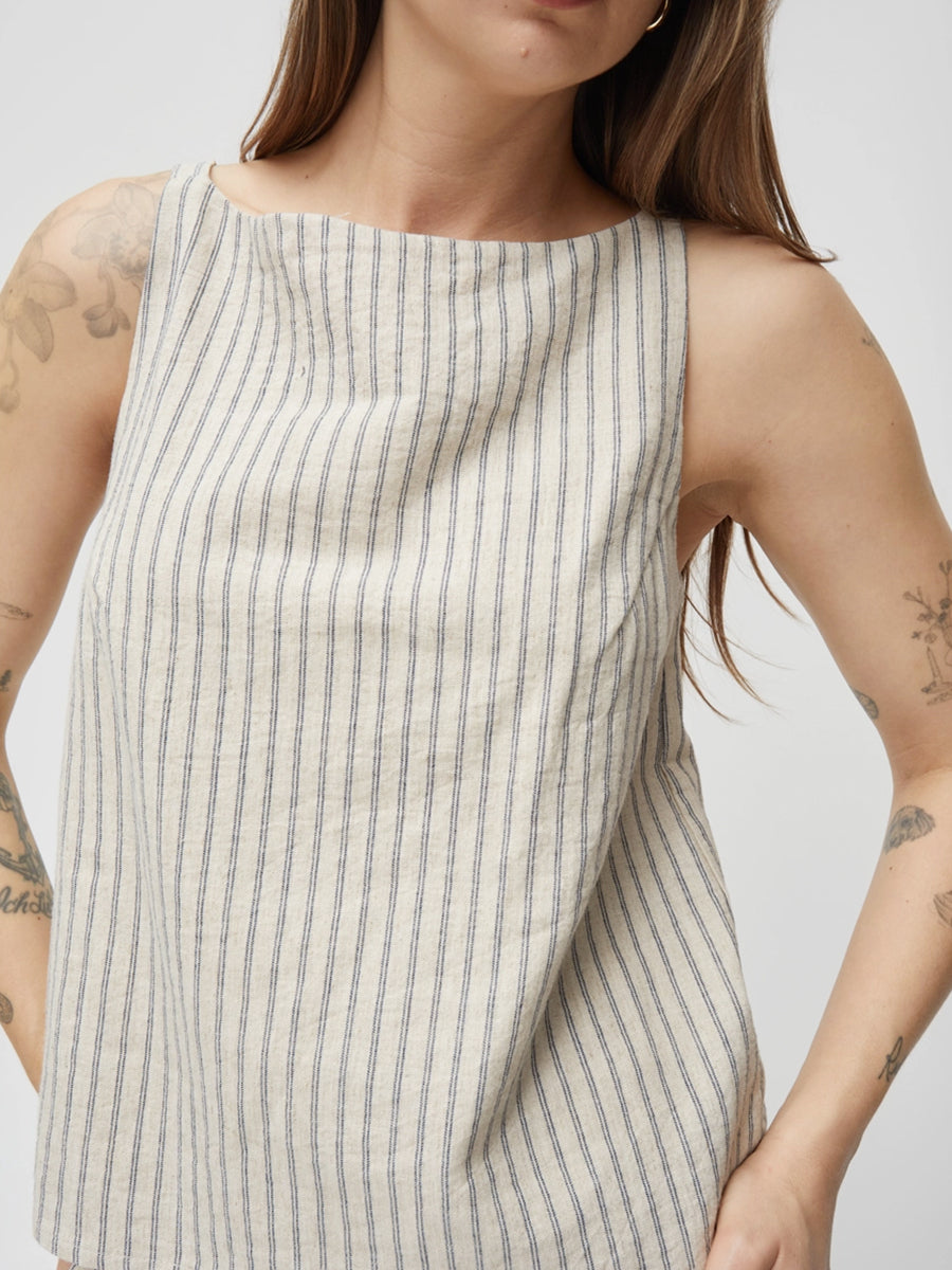 The Macey Striped Linen Top - Oatmeal & Navy
