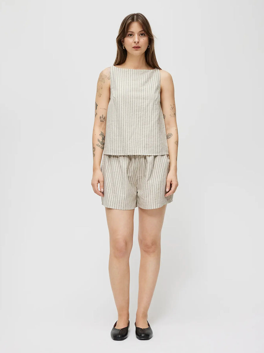 The Macey Striped Linen Top - Oatmeal & Navy