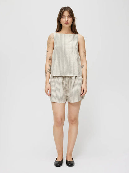 The Macey Striped Linen Top - Oatmeal & Navy