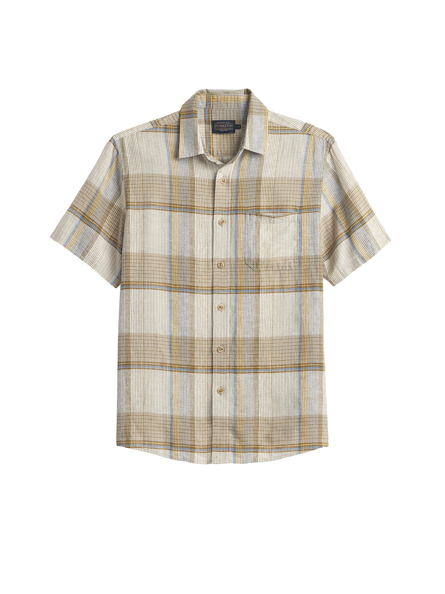 Dawson Linen Short Sleeve Shirt - Ecru, Tan, & Blue Plaid