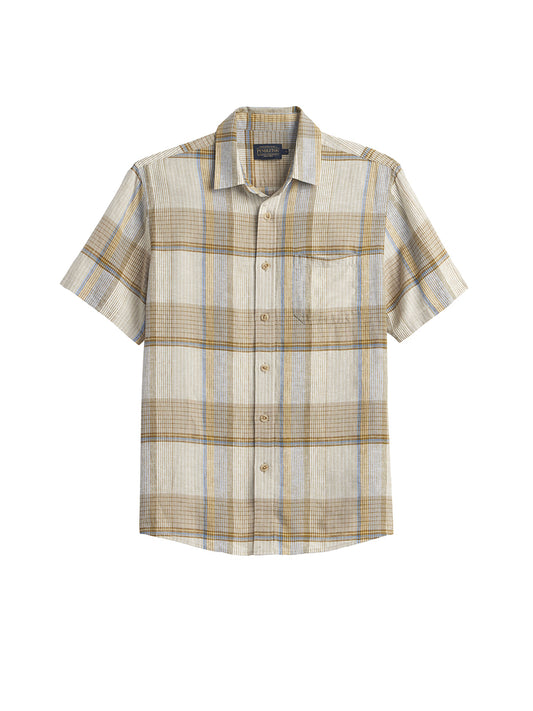 Dawson Linen Short Sleeve Shirt - Ecru, Tan, & Blue Plaid