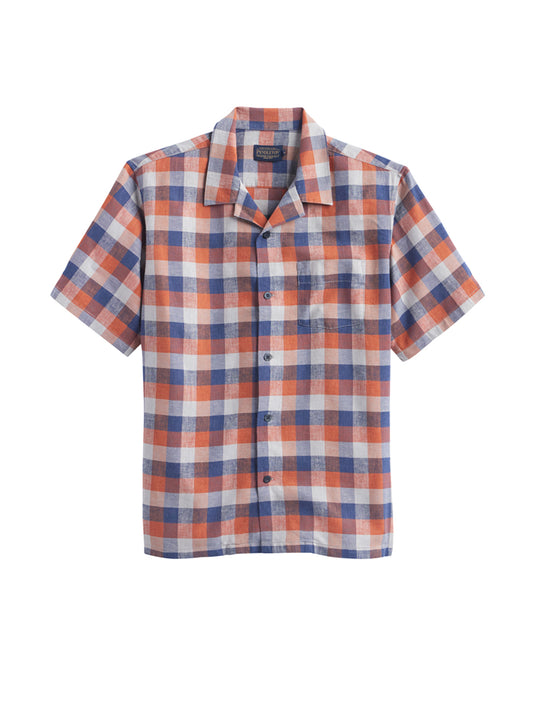 Linen Camp Short Sleeve Shirt - Navy & Ochre Check