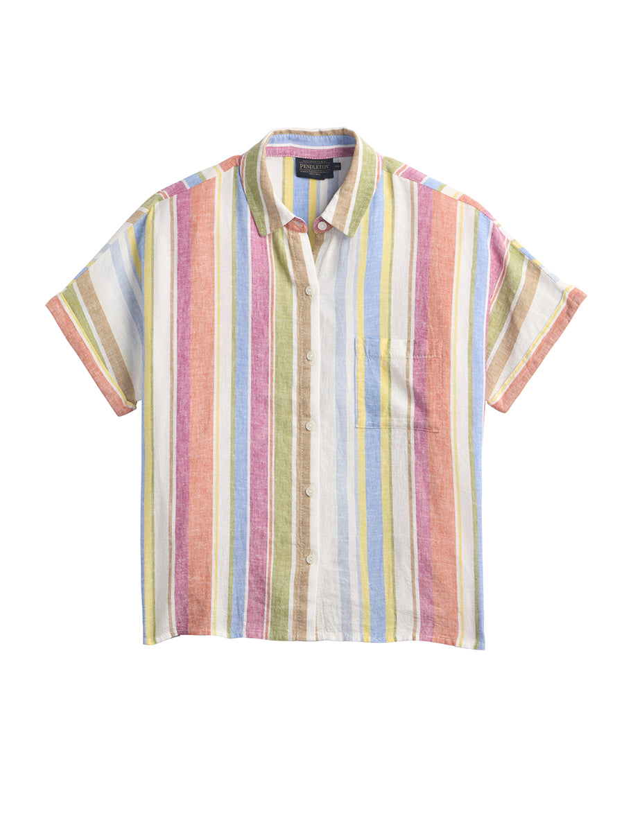 Short Sleeve Linen Striped Shirt - Ivory Multi Stripe