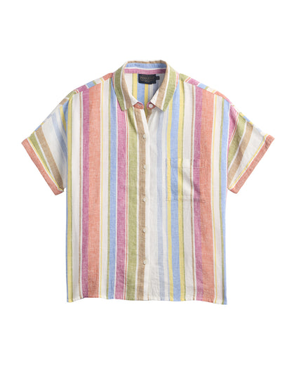 Short Sleeve Linen Striped Shirt - Ivory Multi Stripe