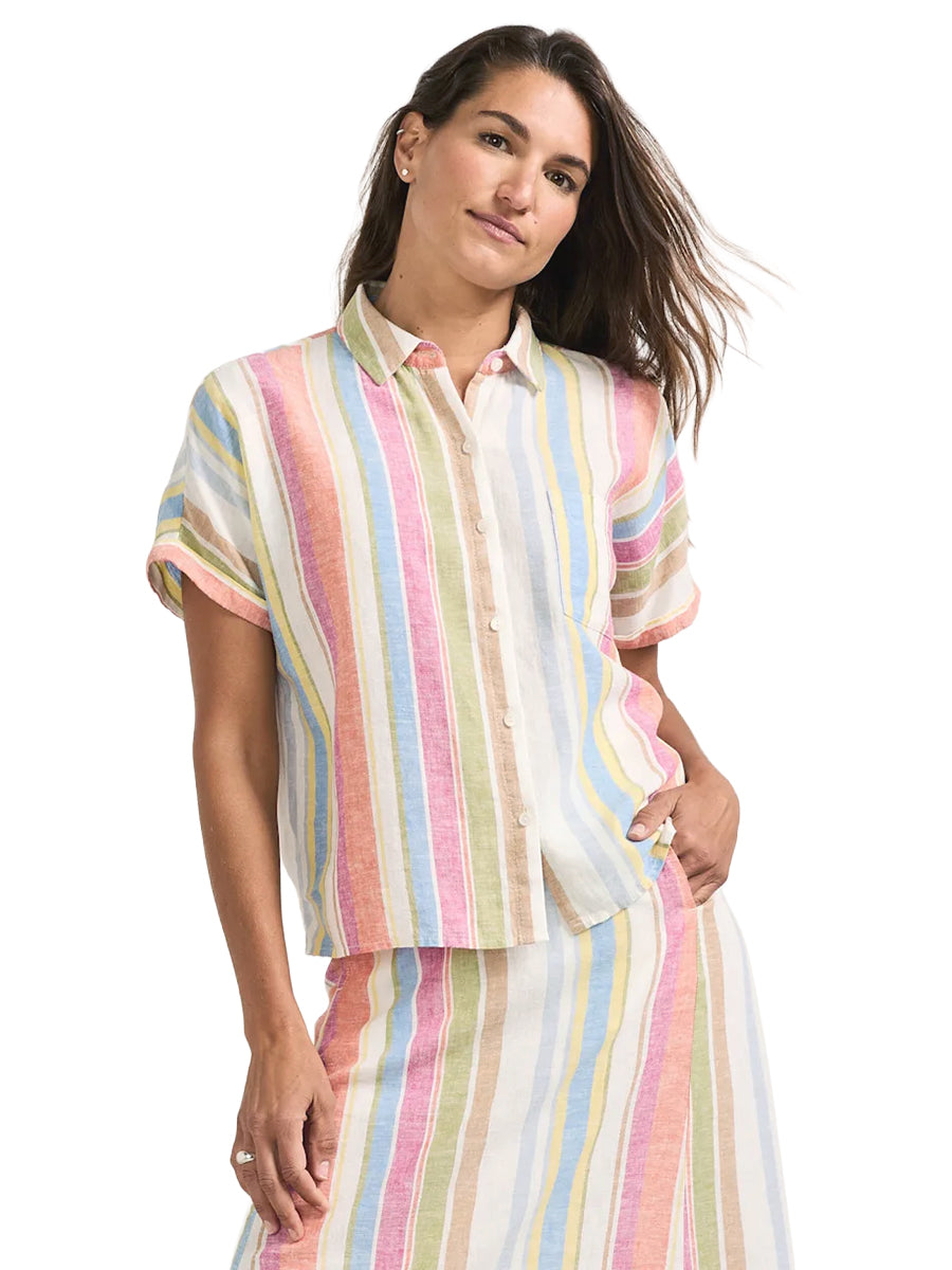 Short Sleeve Linen Striped Shirt - Ivory Multi Stripe