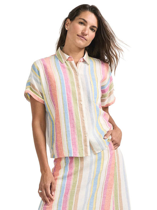 Short Sleeve Linen Striped Shirt - Ivory Multi Stripe