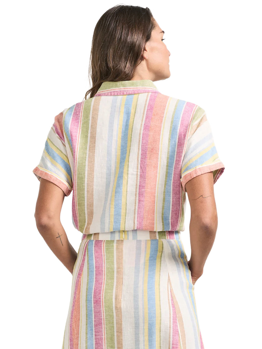 Short Sleeve Linen Striped Shirt - Ivory Multi Stripe