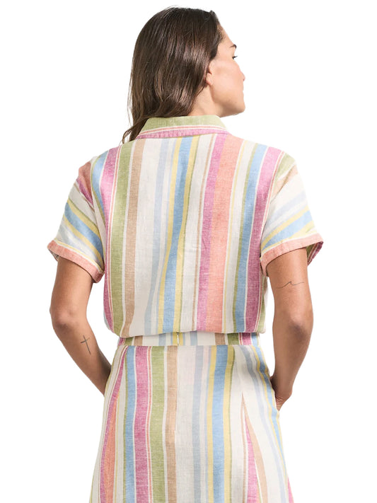 Short Sleeve Linen Striped Shirt - Ivory Multi Stripe