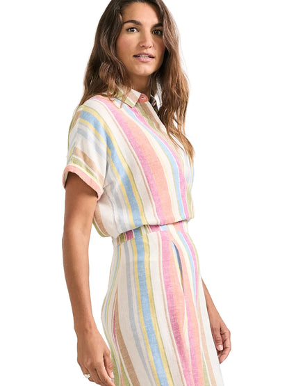 Short Sleeve Linen Striped Shirt - Ivory Multi Stripe