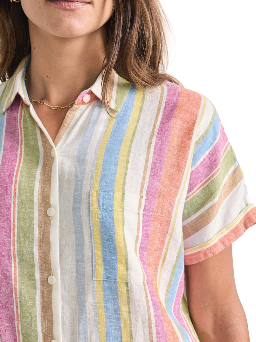 Short Sleeve Linen Striped Shirt - Ivory Multi Stripe