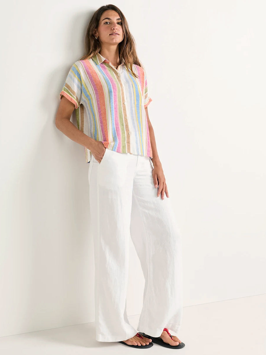 Short Sleeve Linen Striped Shirt - Ivory Multi Stripe